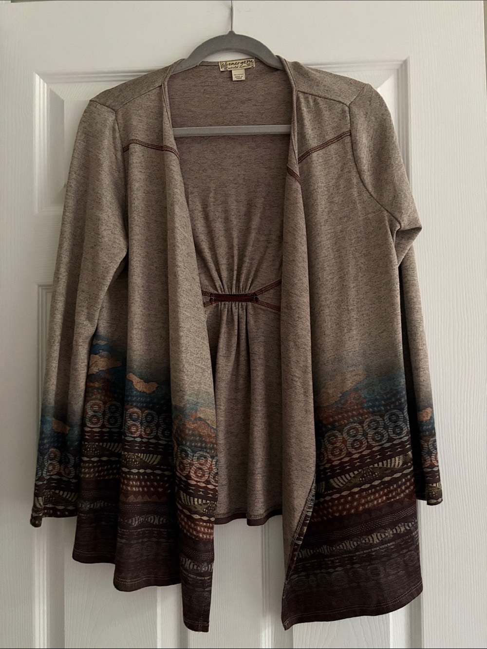Women’s Open Front Cardigan Sweater in Taupe with Patterned Hem, SZ:Petite M